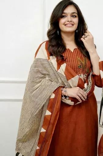 Floral embroidered u neck  cotton kurta trouser & dupatta set