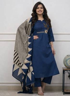 Floral embroidered u neck  cotton kurta trouser & dupatta set 1