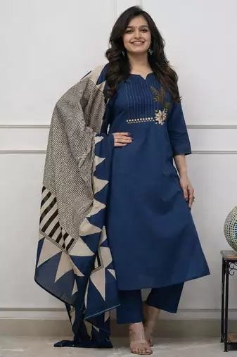 Floral embroidered u neck pure cotton kurta trouser & dupatta set