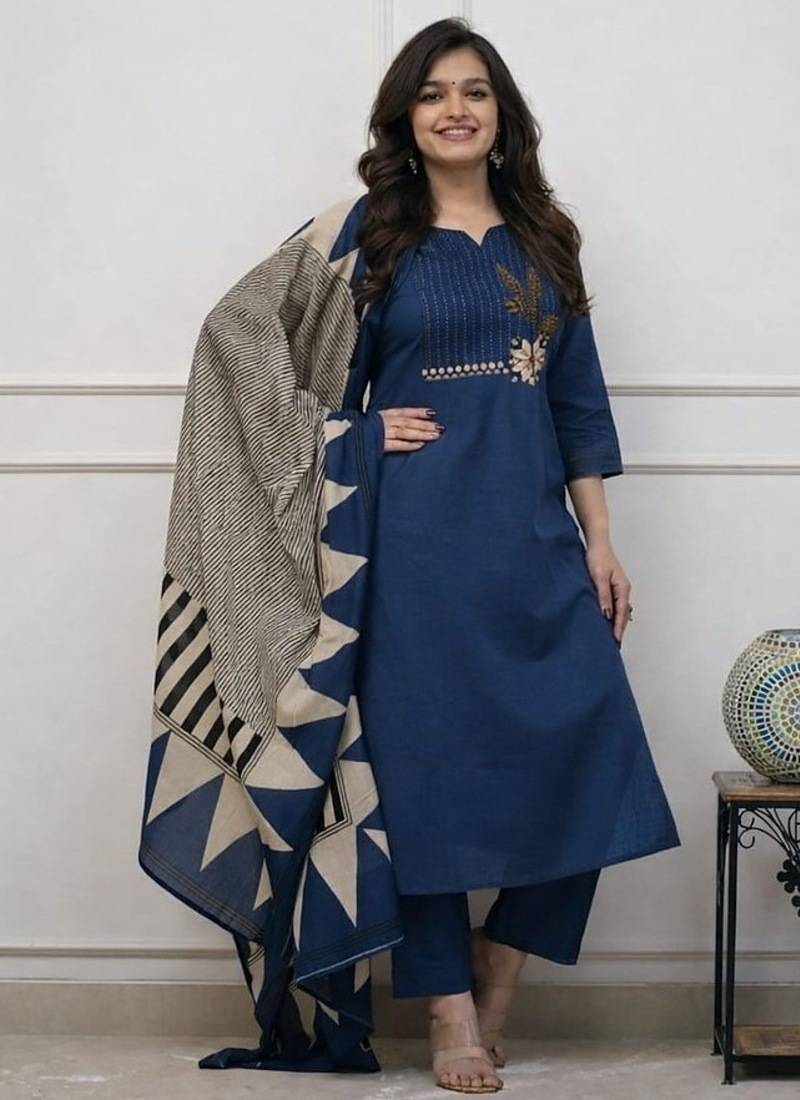 Floral embroidered u neck pure cotton kurta trouser & dupatta set