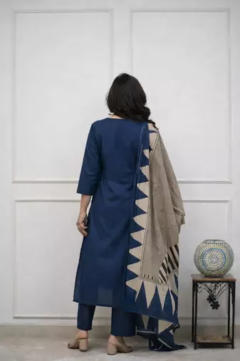 Floral embroidered u neck  cotton kurta trouser & dupatta set