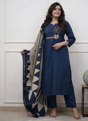Floral embroidered u neck  cotton kurta trouser & dupatta set 3