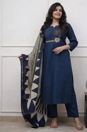 Floral embroidered u neck  cotton kurta trouser & dupatta set