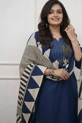 Floral embroidered u neck  cotton kurta trouser & dupatta set