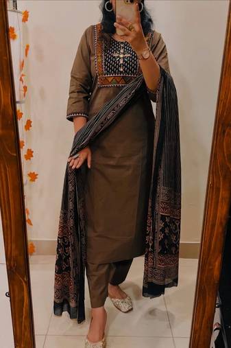 Floral embroidered u neck pure cotton kurta trouser & dupatta set