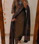 Floral embroidered u neck pure cotton kurta trouser & dupatta set