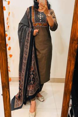 Floral embroidered u neck  cotton kurta trouser & dupatta set 2
