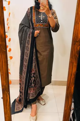 Floral embroidered u neck  cotton kurta trouser & dupatta set