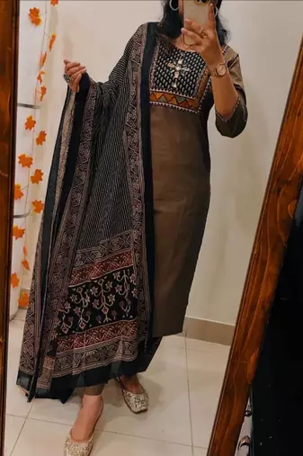 Floral embroidered u neck  cotton kurta trouser & dupatta set