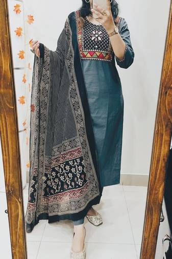 Floral embroidered u neck pure cotton kurta trouser & dupatta set