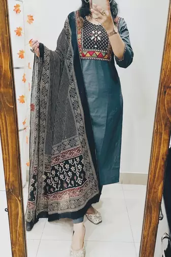 Floral embroidered u neck pure cotton kurta trouser & dupatta set