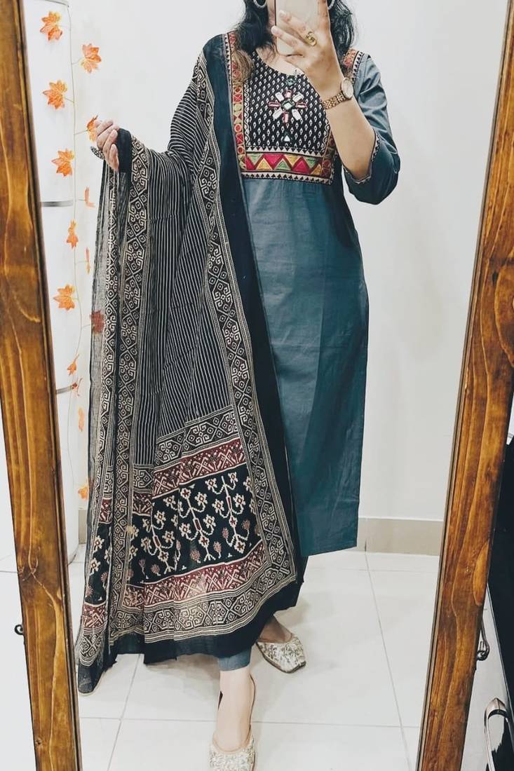 Floral embroidered u neck pure cotton kurta trouser & dupatta set