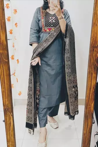 Floral embroidered u neck  cotton kurta trouser & dupatta set