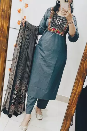 Floral embroidered u neck  cotton kurta trouser & dupatta set