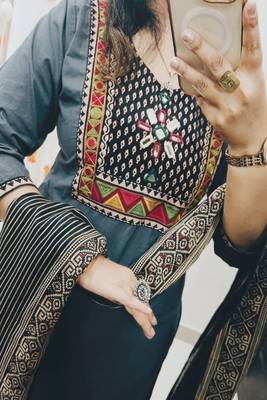 Floral embroidered u neck  cotton kurta trouser & dupatta set 4