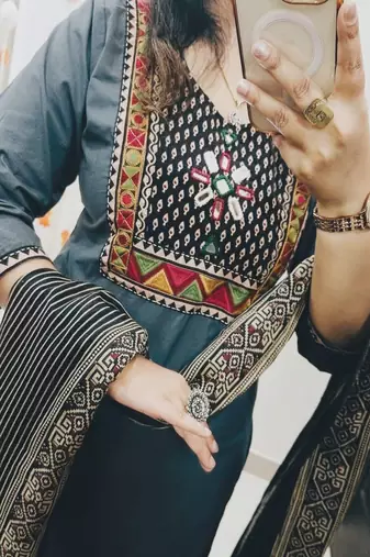 Floral embroidered u neck  cotton kurta trouser & dupatta set