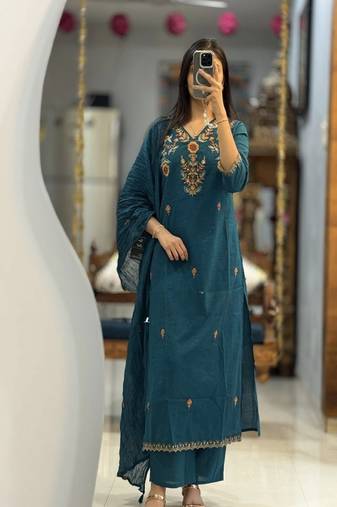 Floral embroidered v neck pure cotton kurta trouser & dupatta set
