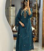 Floral embroidered v neck pure cotton kurta trouser & dupatta set