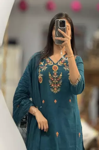 Floral embroidered v neck  cotton kurta trouser & dupatta set