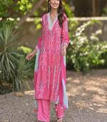 Floral embroidered v neck pure cotton kurta trouser & dupatta set