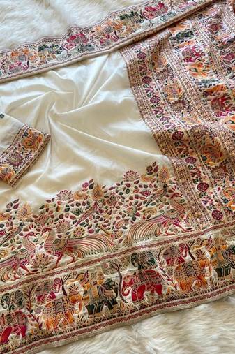 White plain silk silk-sarees saree with blouse