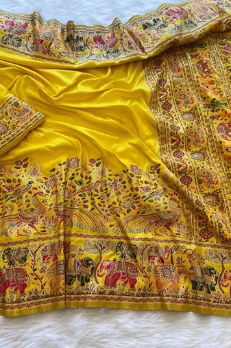 Yellow plain silk silk-sarees saree with blouse