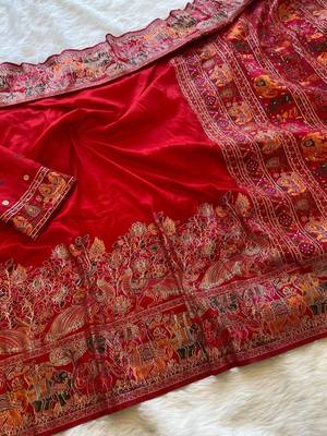 Red plain silk silk-sarees saree with blouse 1