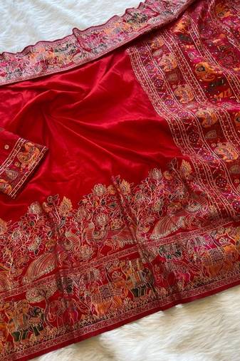 Red plain silk silk-sarees saree with blouse