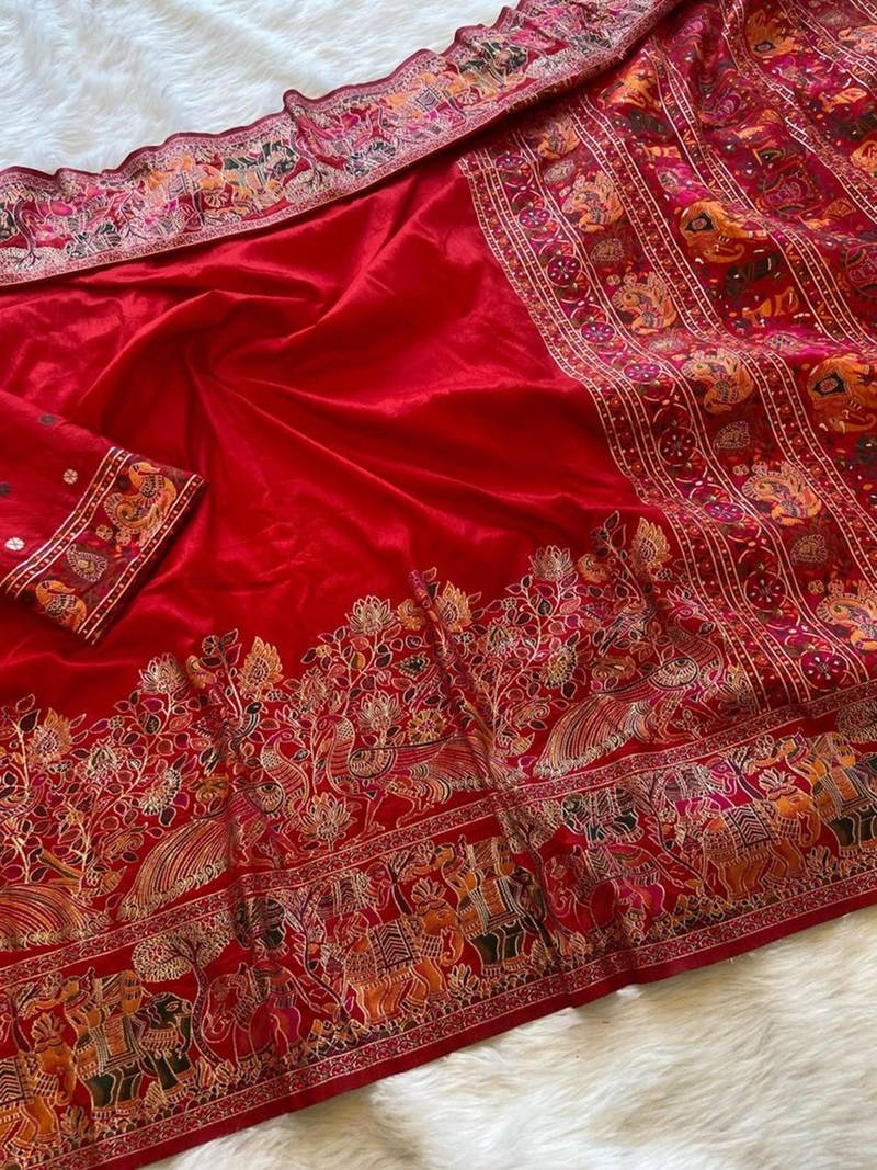 Red plain silk silk-sarees saree with blouse