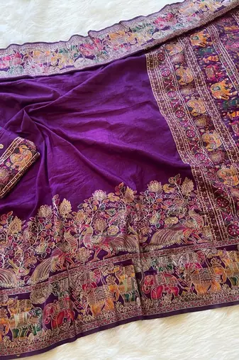 Purple plain silk silk-sarees saree with blouse