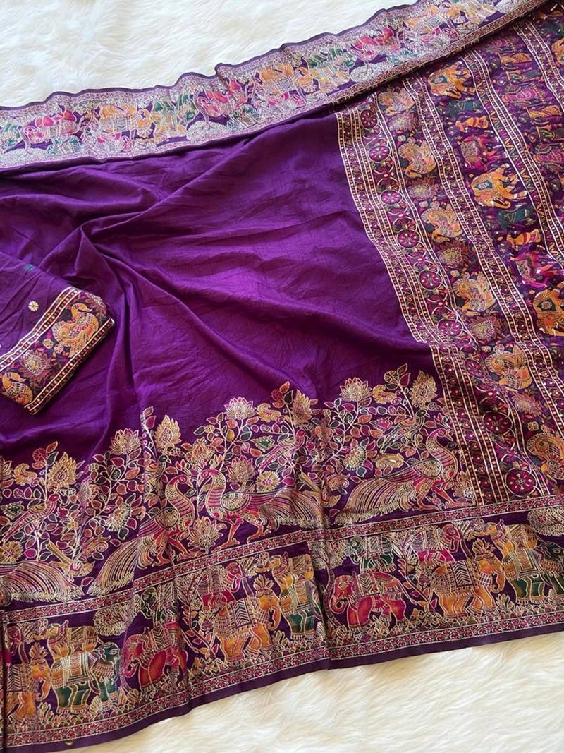 Purple plain silk silk-sarees saree with blouse
