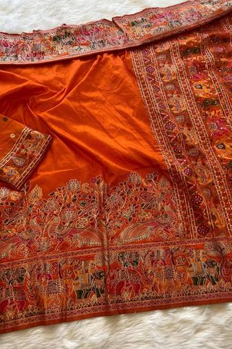 Orange plain silk silk-sarees saree with blouse