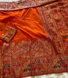 Orange plain silk silk-sarees saree with blouse