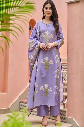 Floral embroidered round neck pure cotton kurta trouser & dupatta set