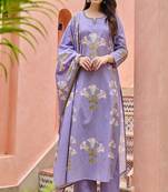 Floral embroidered round neck pure cotton kurta trouser & dupatta set