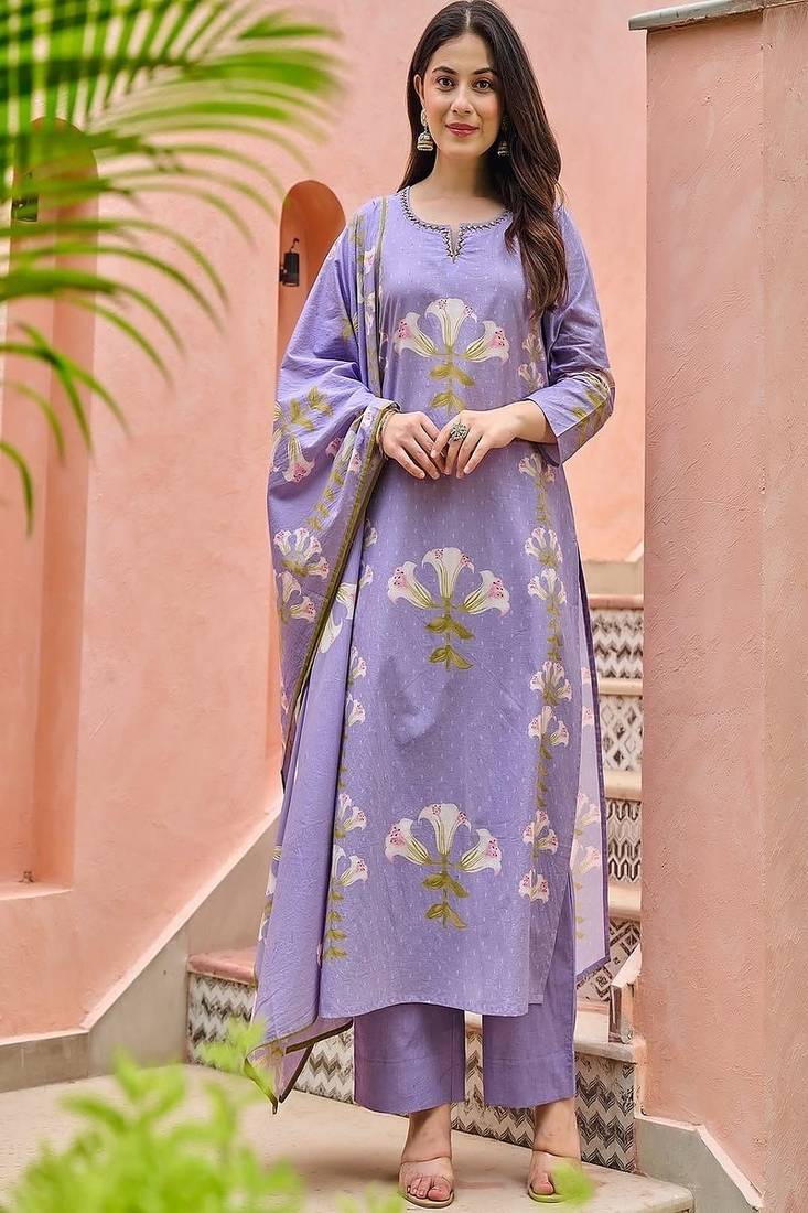 Floral embroidered round neck pure cotton kurta trouser & dupatta set