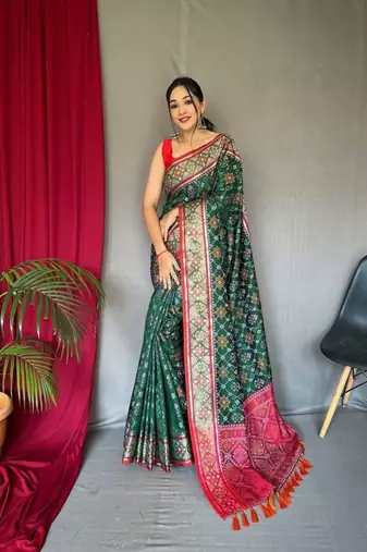 Green plain silk blend patola-saris saree with blouse