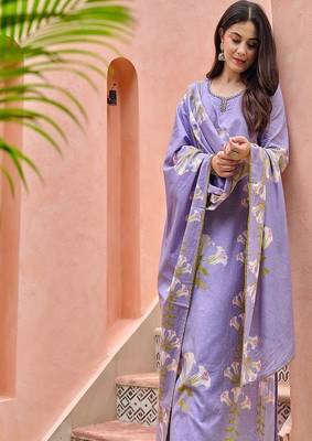 Floral embroidered round neck  cotton kurta trouser & dupatta set 2