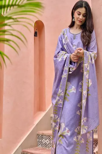 Floral embroidered round neck  cotton kurta trouser & dupatta set