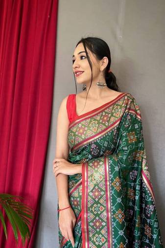 Green plain silk blend patola-saris saree with blouse