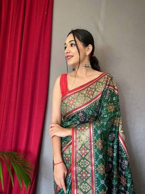 Green plain silk blend patola-saris saree with blouse 1