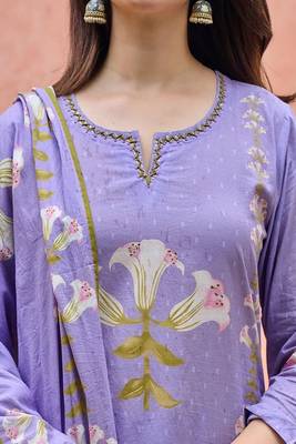 Floral embroidered round neck  cotton kurta trouser & dupatta set 3