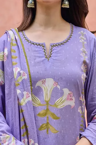 Floral embroidered round neck  cotton kurta trouser & dupatta set
