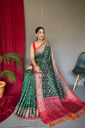 Green plain silk blend patola-saris saree with blouse