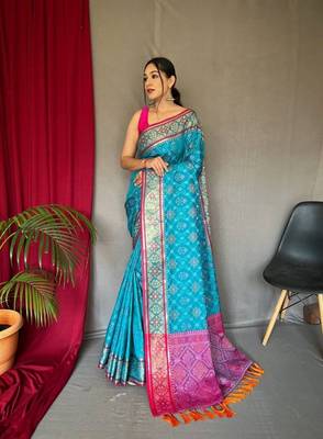 Blue plain silk blend patola-saris saree with blouse 1