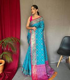 Blue plain silk blend patola-saris saree with blouse
