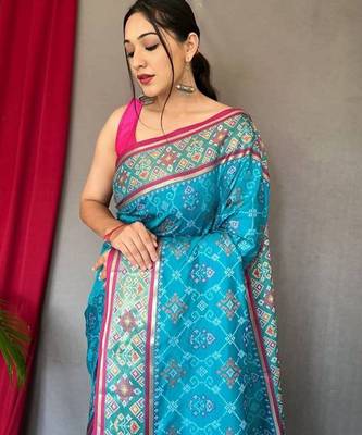 Blue plain silk blend patola-saris saree with blouse 2