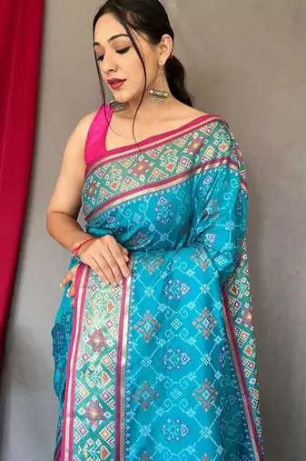 Blue plain silk blend patola-saris saree with blouse
