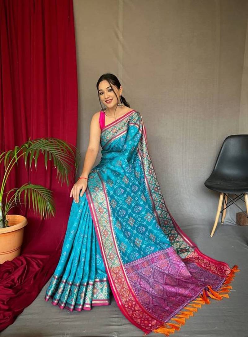 Blue plain silk blend patola-saris saree with blouse