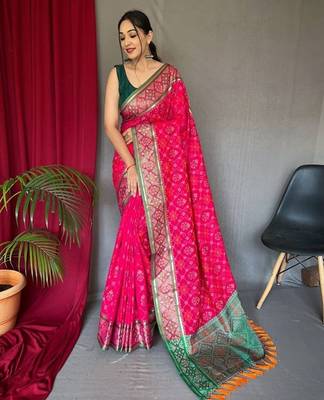 Pink plain silk blend patola-saris saree with blouse 1